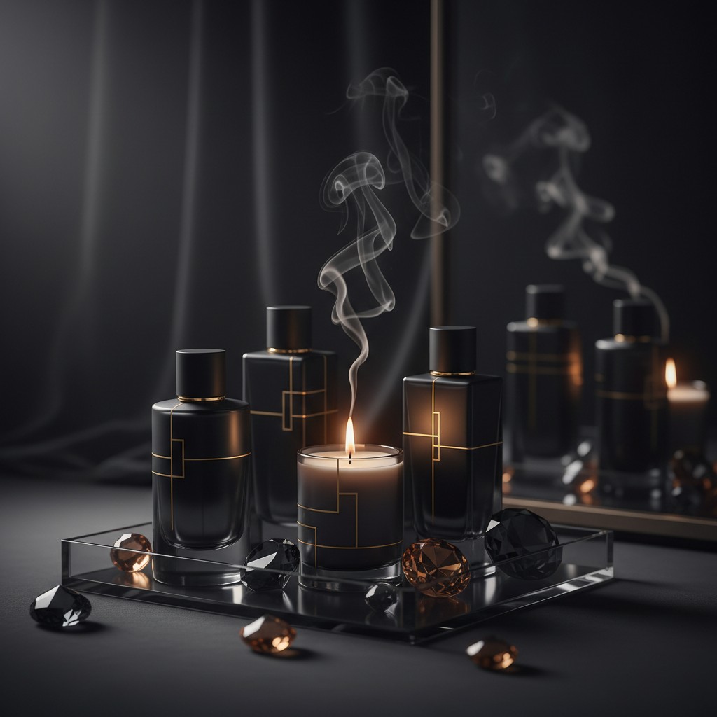 A darkly lit room with a focus on a collection of black and gold bottles of perfume or cologne.