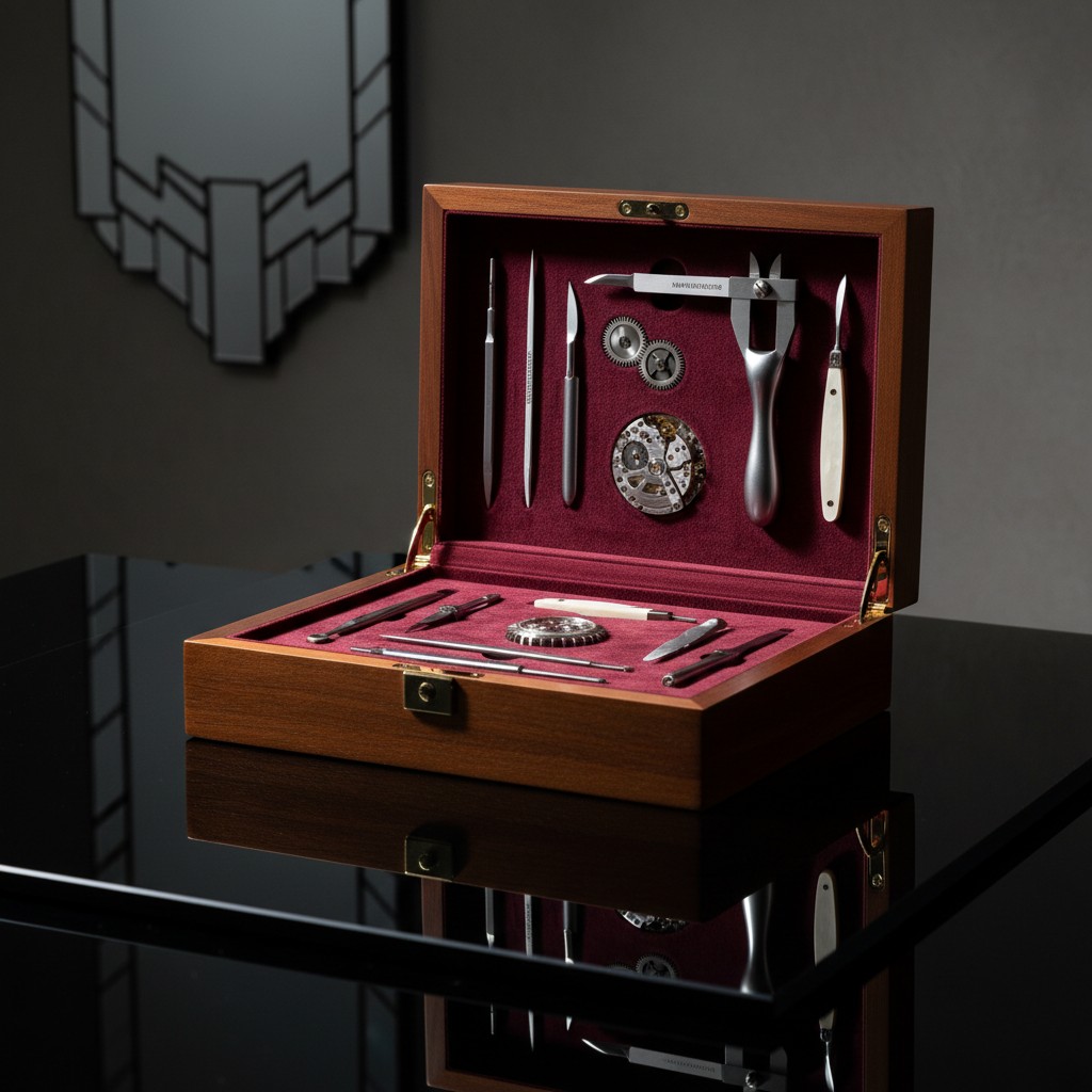 An open wooden box contains a variety of pocket knife and screwdrivers, suggesting it may be utilized for watch repair or ...