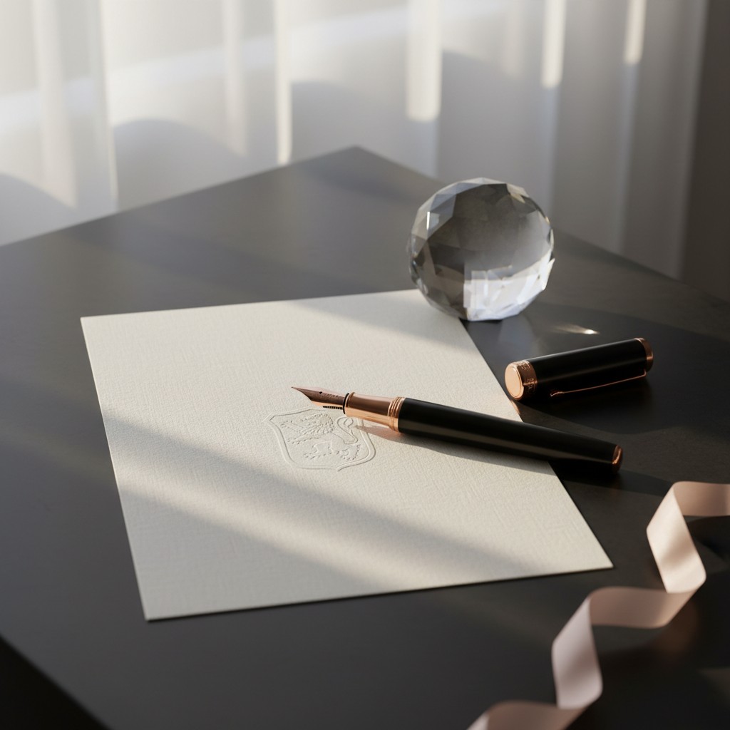 A luxury fountain pen sits beside a sheet of paper, its rose-gold nib gleaming in the light. As the morning sun casts a wa...