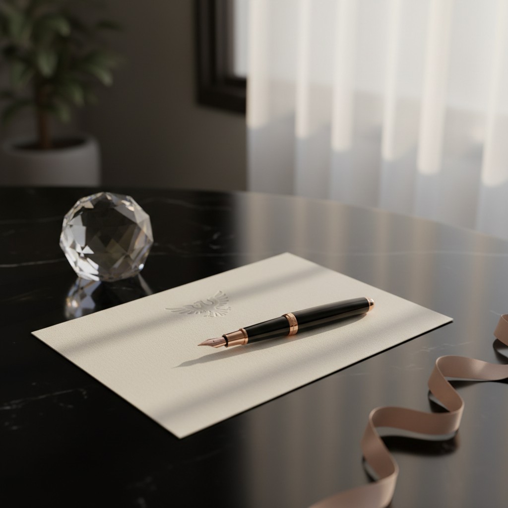 A dark room with two pens on top of a white card. Sunlight shines through white curtains behind a round black table. A gla...