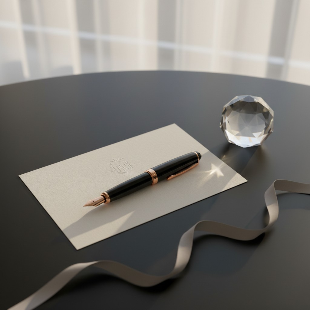 A luxurious desk item with subtle shadows, set upon a sleek black table adorned with a beige leather, monogrammed folder.