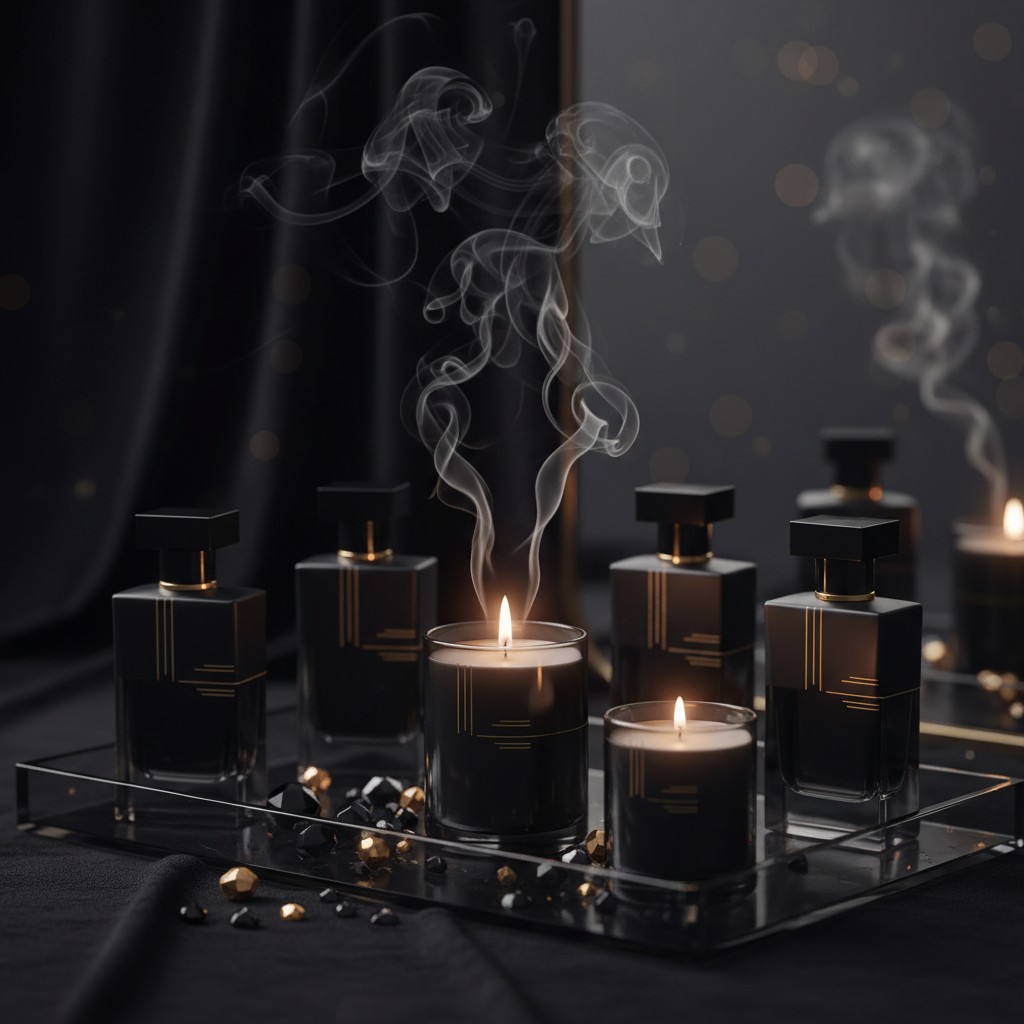 *candles in black containers sitting on a black stand surrounded by a mirror displaying the rest of the surrounding pieces...