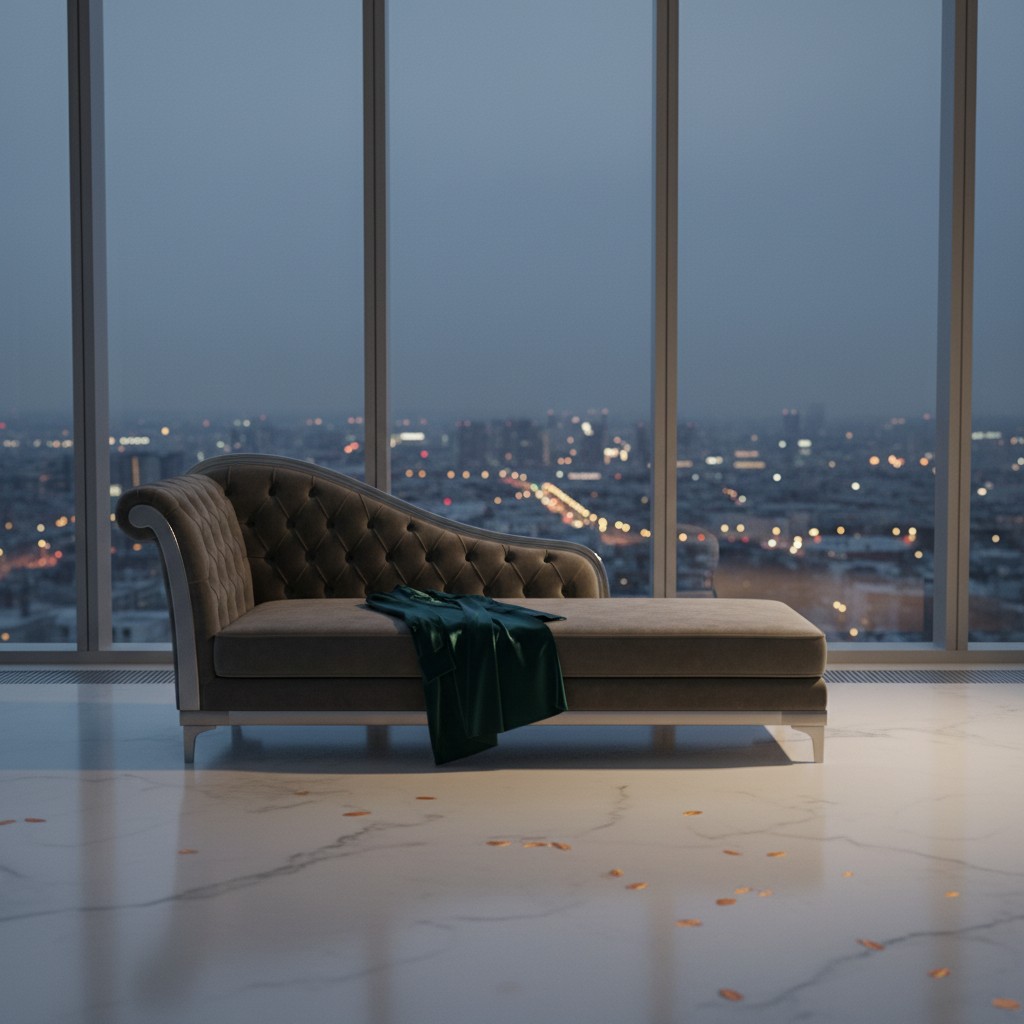 A luxurious living room with a stunning city view at dusk, featuring a velvet sofa and marble floors.